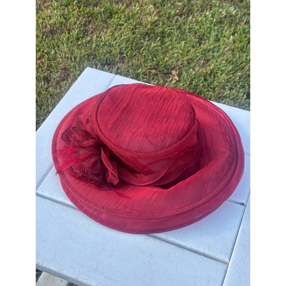 Giovannio New York Red Dress Hat Wide Brim Floral Feather Church Wedding NWT